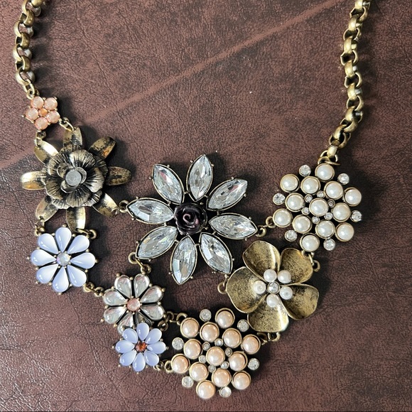 18" Floral Statement Necklace w/ Brass, Pearl, and Gem Detail - Picture 3 of 4